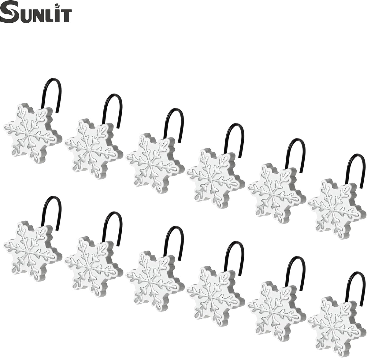 Sunlit Christmas Shower Curtain Hooks, Silver Snowflakes Shower Curtain Rings with Black Hooks, Resin, White Christmas Decor, Winter Bathroom Decoration, Set of 12