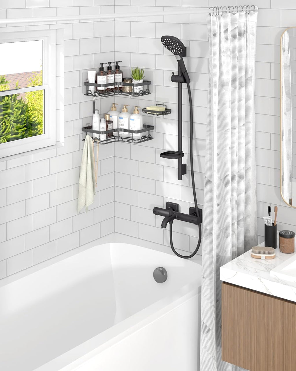Sakugi Corner Shower Caddy, Large, 3-Pack, Soap Holder & Hooks, Black