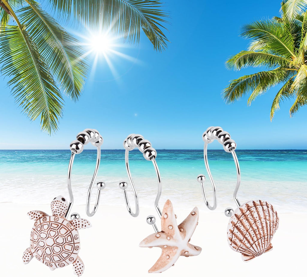 Double Shower Curtain Hooks,12Pcs Seashell Decorative Shower Curtain Rings