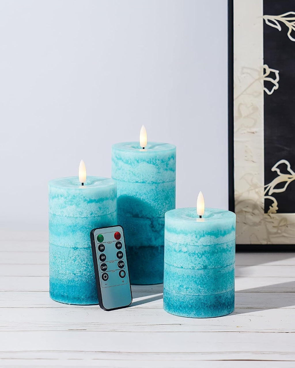 Stmarry Gradient Teal Flameless Candles with Remote and Timer, Real Wax Made LED Pillar Candles Battery Operated with 3D Flickering Flame - 3" x 4", 3" x 5", 3" x 6" - Set of 3 Turquoise Candles