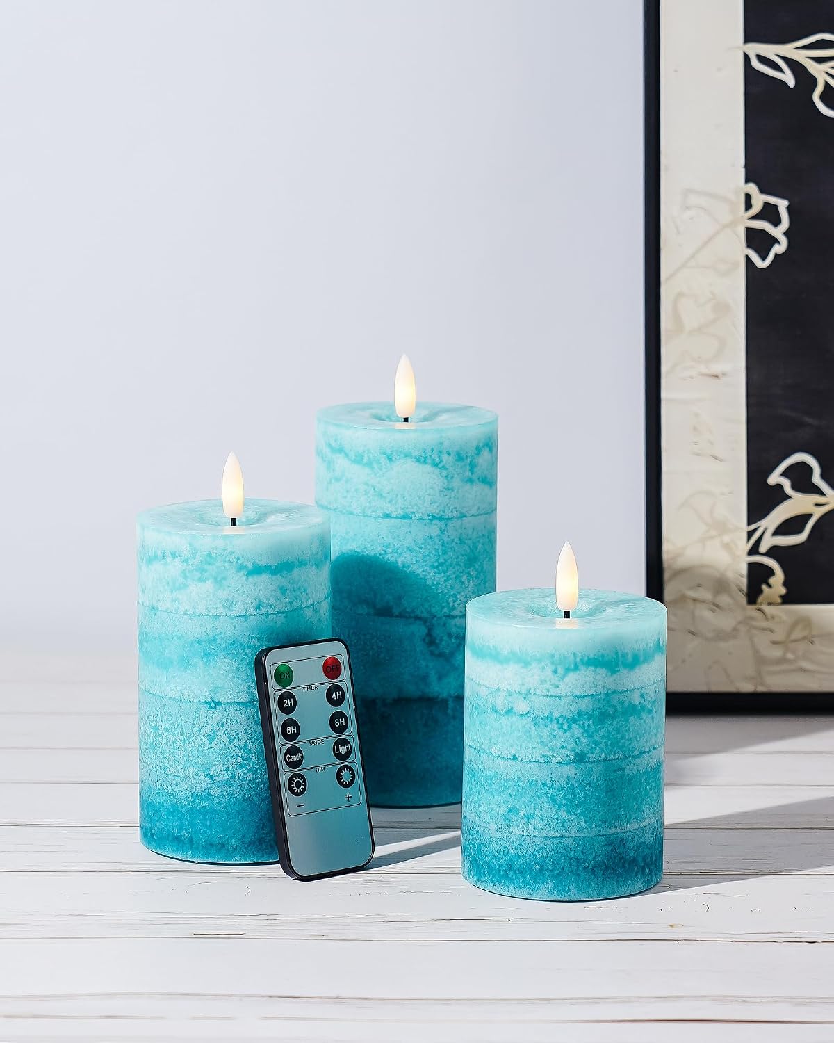 Stmarry Gradient Teal Flameless Candles with Remote and Timer, Real Wax Made LED Pillar Candles Battery Operated with 3D Flickering Flame - 3" x 4", 3" x 5", 3" x 6" - Set of 3 Turquoise Candles