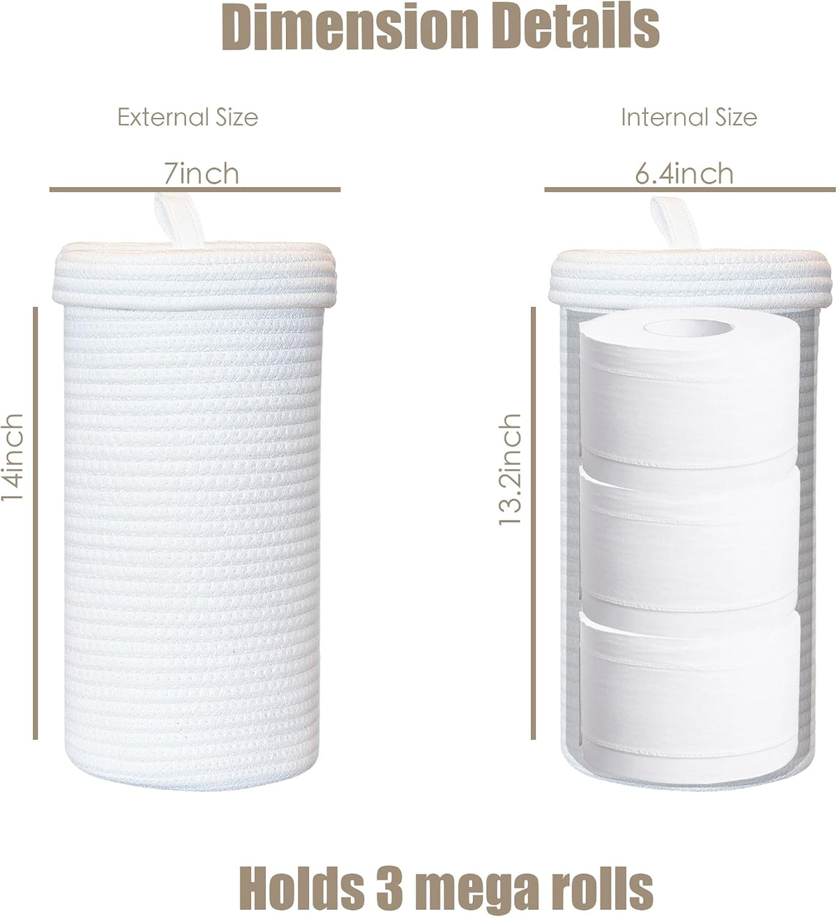 Toilet Paper Holder Handmade – Woven Cotton Toilet Paper Stand & Storage Basket with Lid, Freestanding Organizer for Bathroom, Fits 3 Mega Rolls Gradient Brown 14'' x 7''