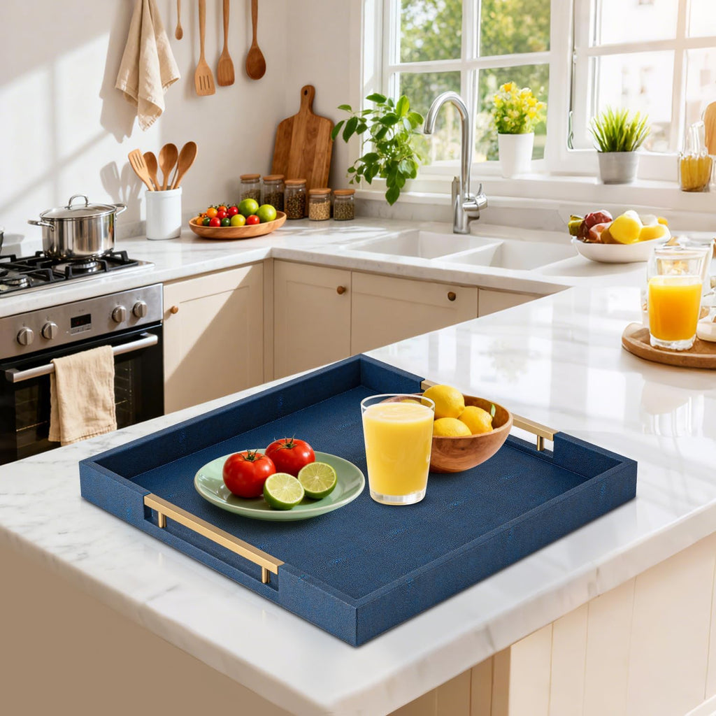 Navy Blue Faux Leather Large Square Decorative Serving Tray with Handles – for Coffee Table, Ottoman, Living Room, Bathroom & Home Decor