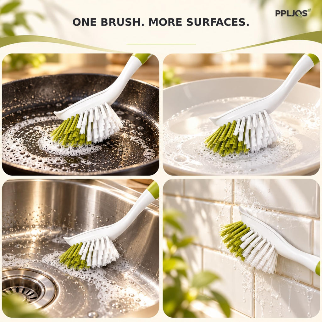 Dish Brush Scrub Brush with Handle - 3 Pack Stiff Bristles Dish Scrubber for Cleaning Dishes, Pots, Pans, Sink, Cast Iron - Hard Bristles,No Residue (Yellow-Green, Gray, Light Blue)