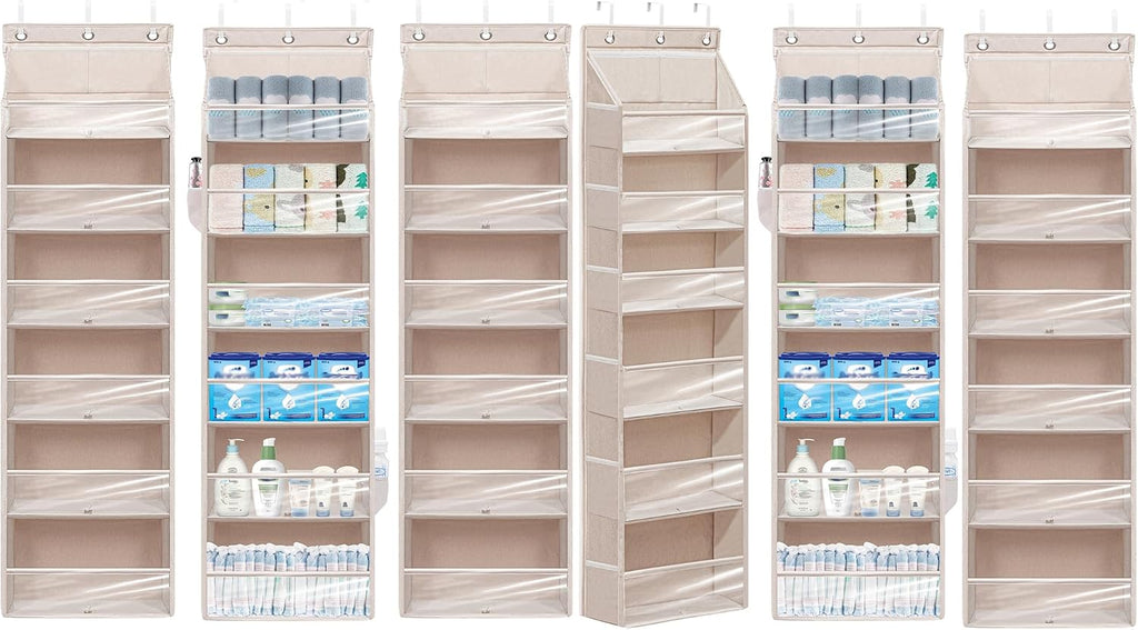 Over Door Organizer with 6 Extra Large Pockets 12 Side Pockets, Sturdy Closet Storage Rack, Hanging Storage Organizer with Clear Window for Shoes, Diaper, Bedroom, Bathroom, Beige, 6-Pack