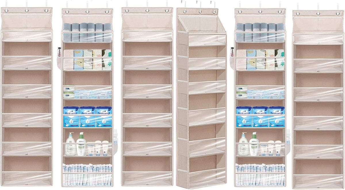 Over Door Organizer with 6 Extra Large Pockets 12 Side Pockets, Sturdy Closet Storage Rack, Hanging Storage Organizer with Clear Window for Shoes, Diaper, Bedroom, Bathroom, Beige, 6-Pack