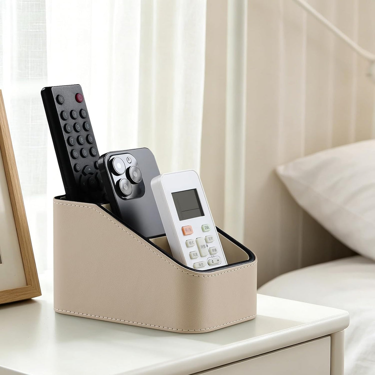 Remote Control Holder, Small Desk Organizer TV Remote Caddy, Beige