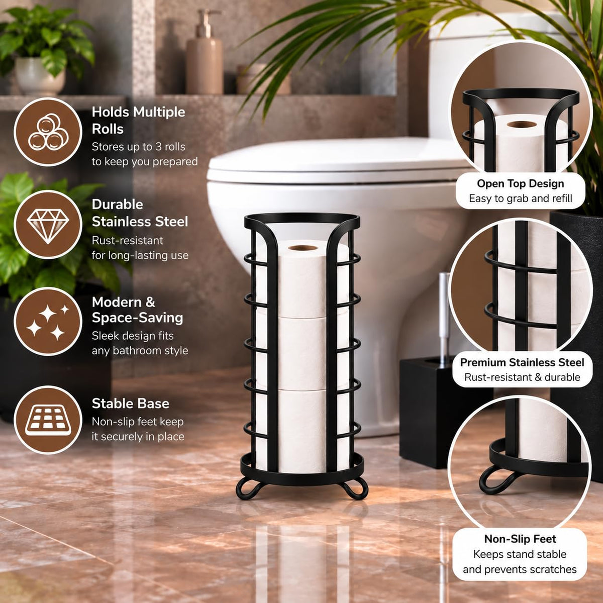 BROOKSTONE Toilet Paper Holder Stand Reserve - Free Standing Toilet Paper Stand with Storage that Holds Mega Rolls, Standing Bathroom Tissue Organizer, Bathroom Decor - Modern Storage Holder, Black