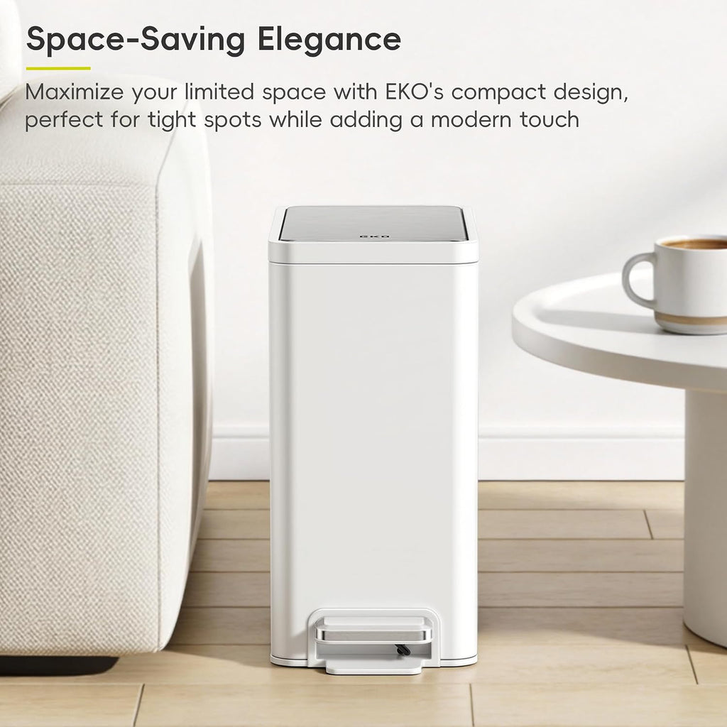 EKO Slim Small Bathroom Trash Can with Lid, Stainless Steel Small Garbage Can with Removable Inner Bucket, 6L / 1.6 Gal, Step On Trash Bin (White)
