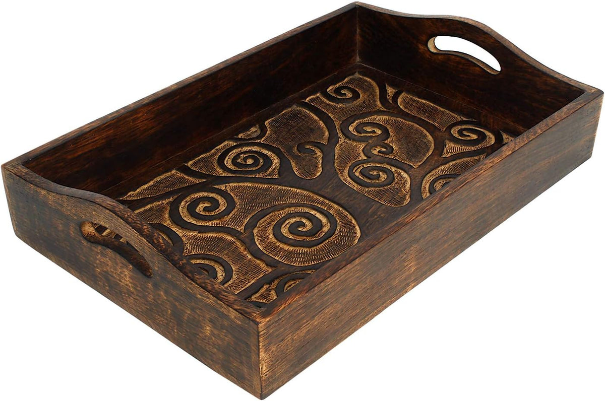 Ajuny Wooden Serving Trays Set of 3 with Handles, Tree of Life Carved Trays