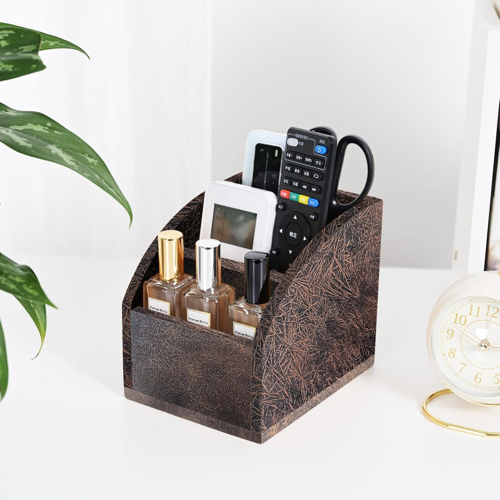 Rustic Vintage Wooden Desk Organizer Farmhouse Wood Remote Control Caddy 3 Slot Tabletop Desktop Office Supply Storage Rack Desktop TV Remote Control Holder Home Decor Office Supplies (Metallic color)