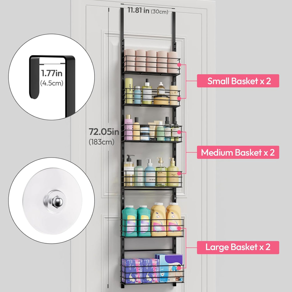 SWTYMIKI Over The Door Organizer - Door Organizer Hanging with 6 Adjustable Metal Large Capacity Basket, Wall Mounted Shelf for Bedroom Closet Bathroom Laundry Pantry Cabinet Kitchen(Black)