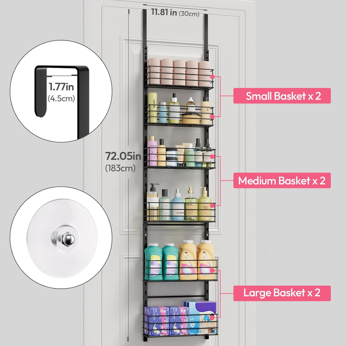 SWTYMIKI Over The Door Organizer - Door Organizer Hanging with 6 Adjustable Metal Large Capacity Basket, Wall Mounted Shelf for Bedroom Closet Bathroom Laundry Pantry Cabinet Kitchen(Black)