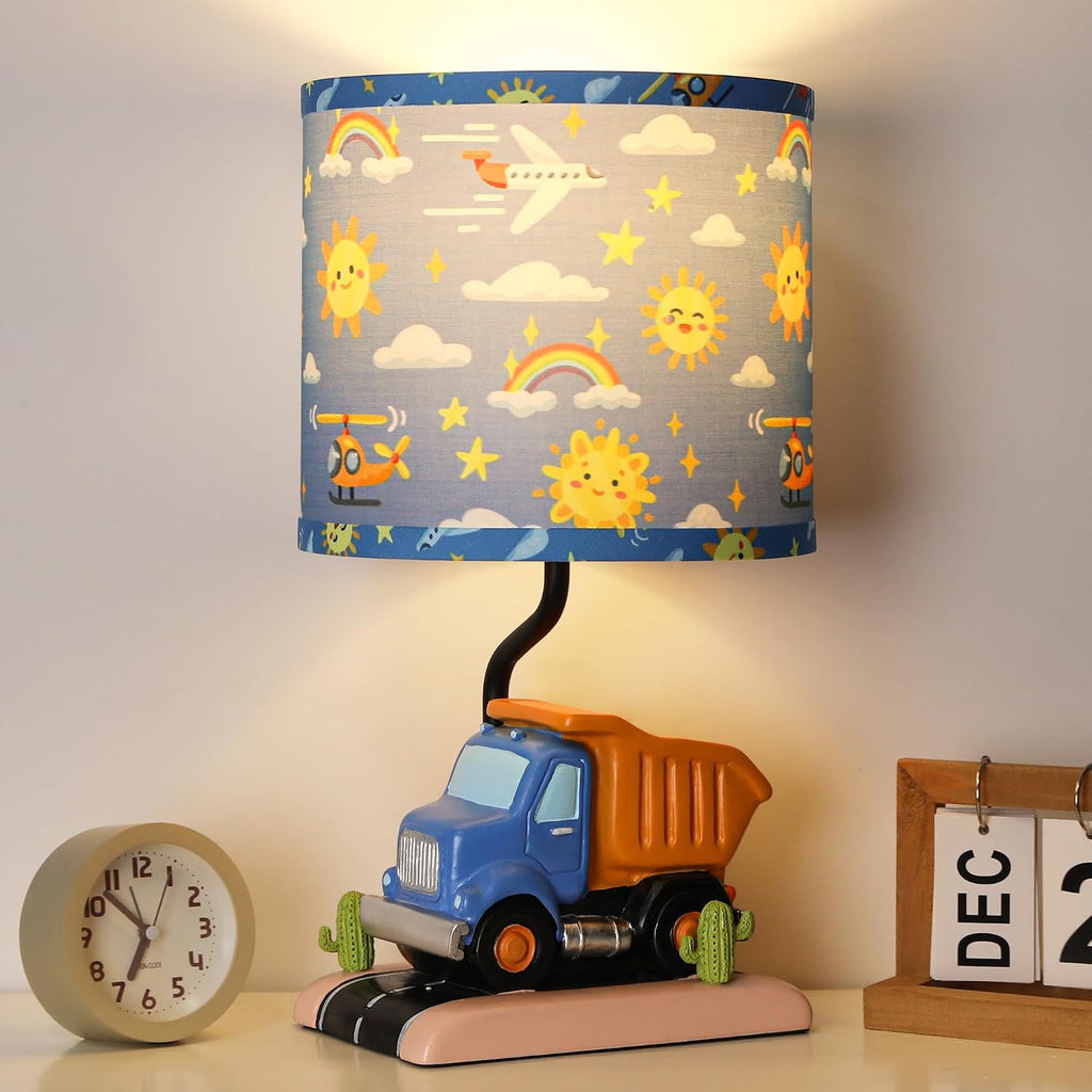 Hamucd Car Bedside Table Lamp for Kid, Truck Nursery Lamp for Boy Girl Bedroom Nightstand Study Room,Cute Desk Lamp with Blue Lampshade for Toddler Playing Room Classroom Decor,1 LED Bulb Included