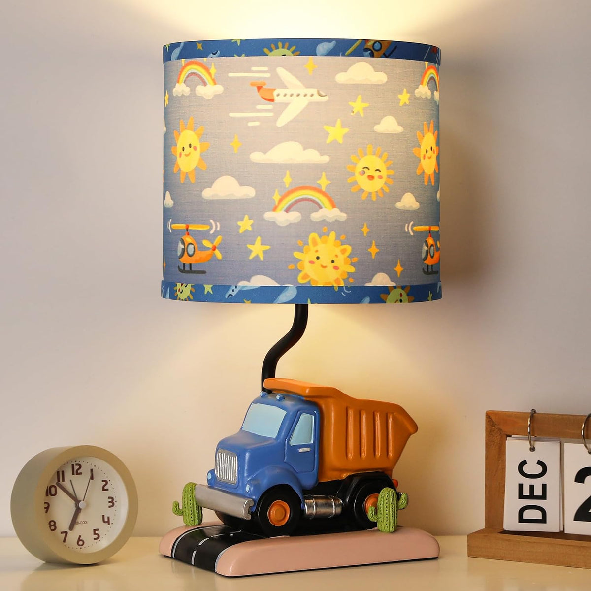 Hamucd Car Bedside Table Lamp for Kid, Truck Nursery Lamp for Boy Girl Bedroom Nightstand Study Room,Cute Desk Lamp with Blue Lampshade for Toddler Playing Room Classroom Decor,1 LED Bulb Included