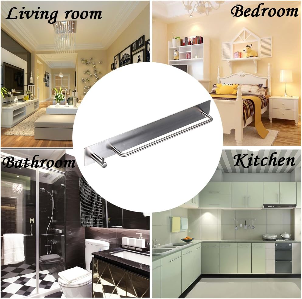 Sumnacon Towel Bar Rack with Hook, 13.38 Inch 3M Self Adhesive Stainless Steel Towel Holder Organizer for Bathroom Kitchen Bedroom, Brushed Finish (Towel Rack with Hook)