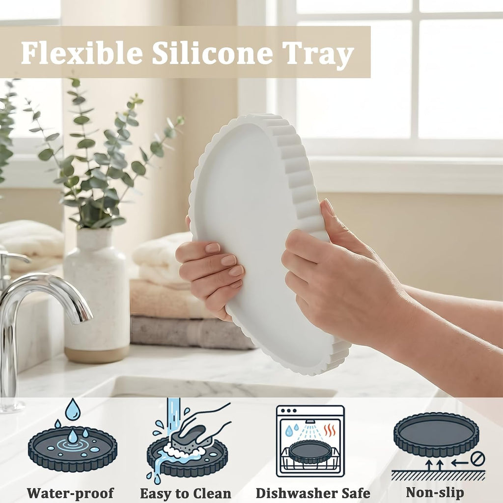 Silicone Bathroom Vanity Tray, Modern Round Decorative Tray for Countertop, Waterproof & Unbreakable Cosmetic Perfume Organizer, Extra-Thick & Sturdy, Easy to Clean Candle Tray (White, 10 inch)