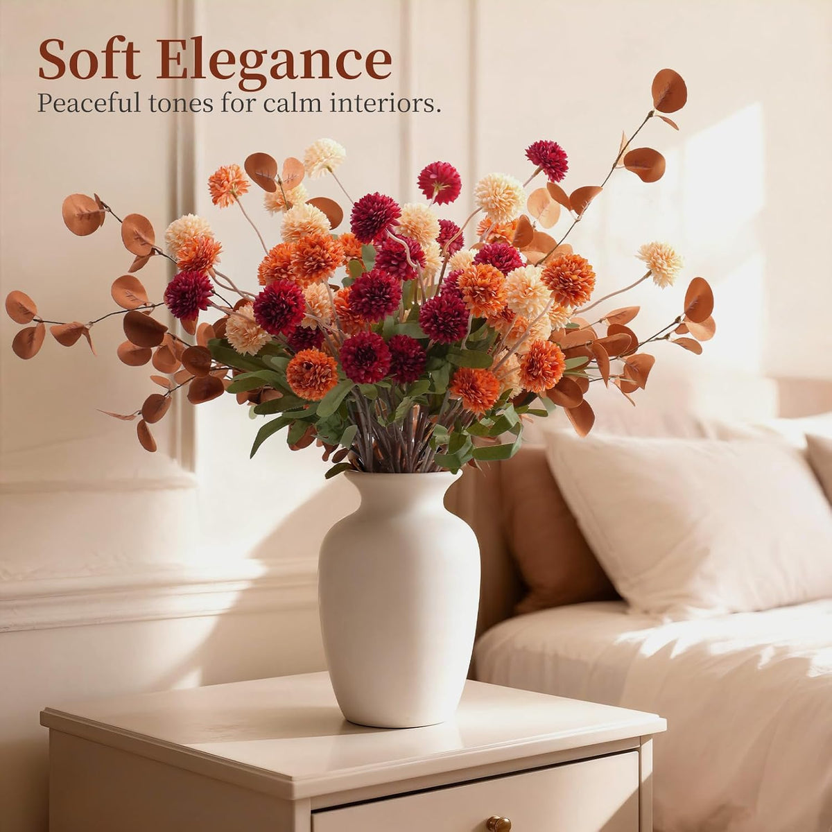 Real-Touch Faux Silk Mums Bouquet, 12 Pcs with 2 Eucalyptus Stems, Bendable Long Stems, Full & Realistic Artificial Flower Arrangement for Vase Table Wedding & Wreath Décor, Mixed Orange
