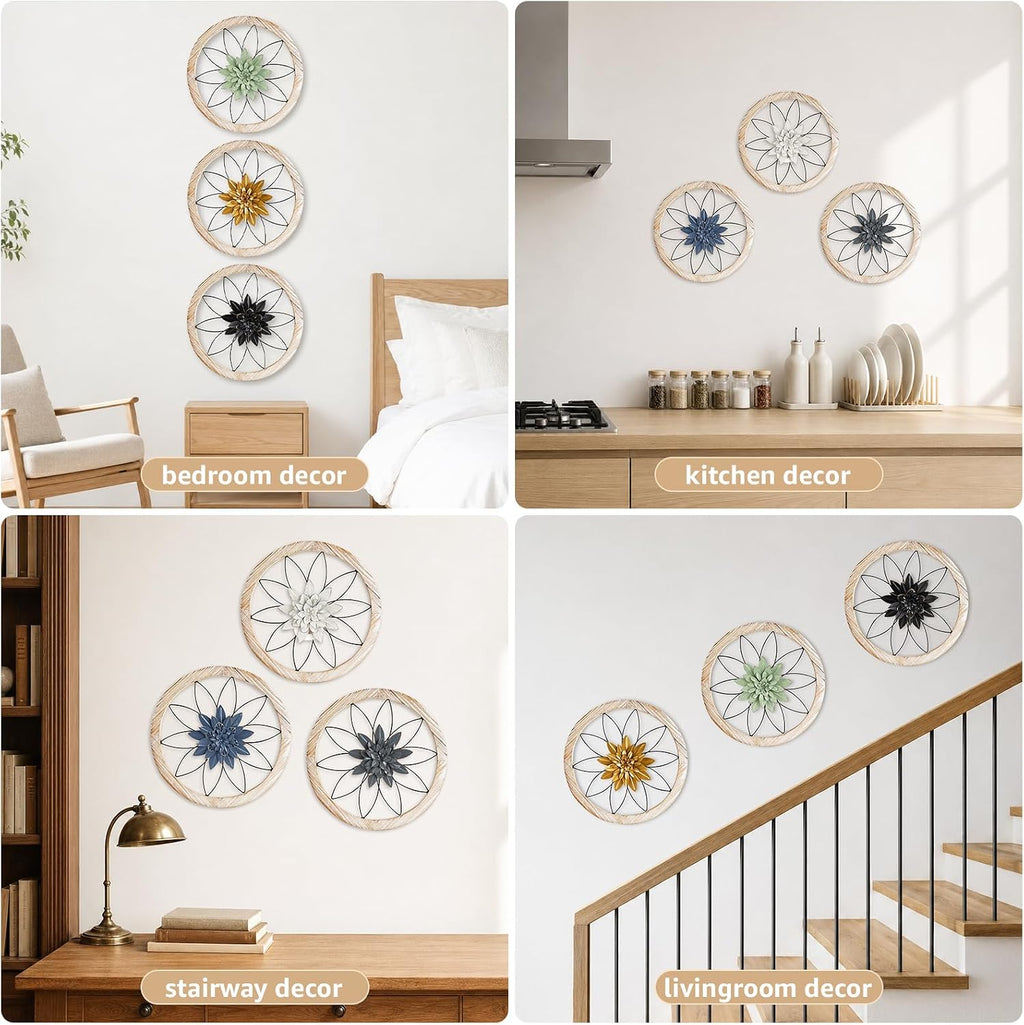 Paquesta 3 Piece Round Farmhouse Wall Decor with 6 Piece Interchangeable Flowers 15.75'' Medallion Wood & Metal Rustic Wall Art for Living Room Bedroom Kitchen Bathroom Dining Room Home Decorations (large black wheel)