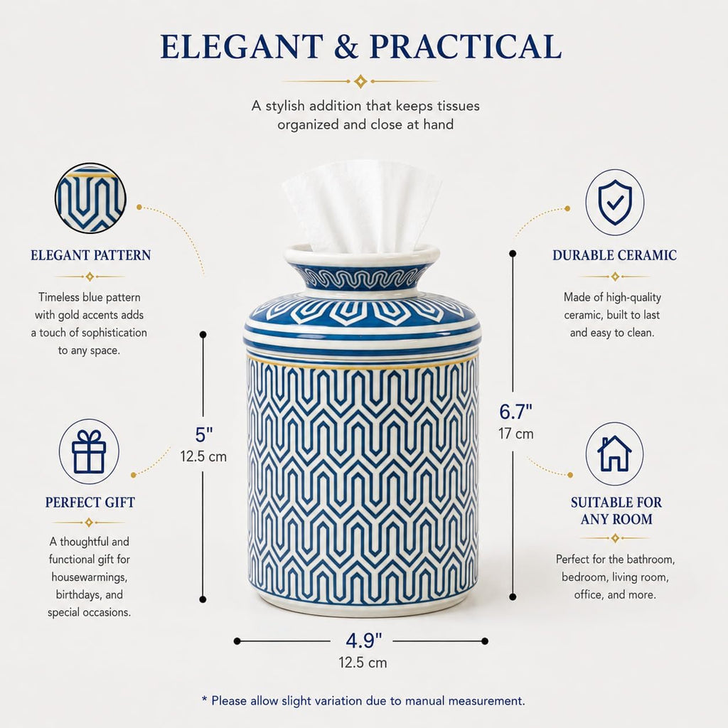 Ceramic Round Tissue Box Cover Aesthetic Tissue Box Holder Decorative for Bathroom, Home Décor,Vanity Countertop,Night Stands,Office Desk-4.9x6.7in,Line B Blue