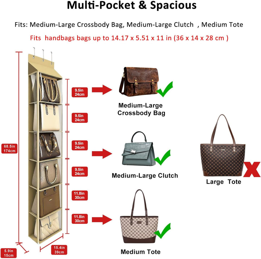 Lirex Over The Door Purse Organizer & Purse Shelf for Closet – Handbag Storage Organizer with Purse Hanger. Perfect for Scarves, Hats, and Leggings. L (15.7'' x 5.7'' x 68''), Khaki
