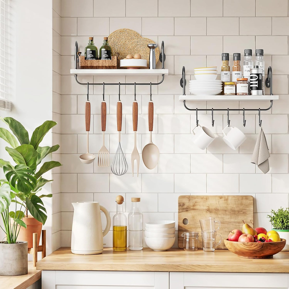 Olakee Floating Wall Shelves for Kitchen Bathroom Coffee Nook with 10 Adjustable Hooks for Mugs Cooking Utensils or Towel Rustic Storage Shelves Set of 2/17x5.9 inch (White)