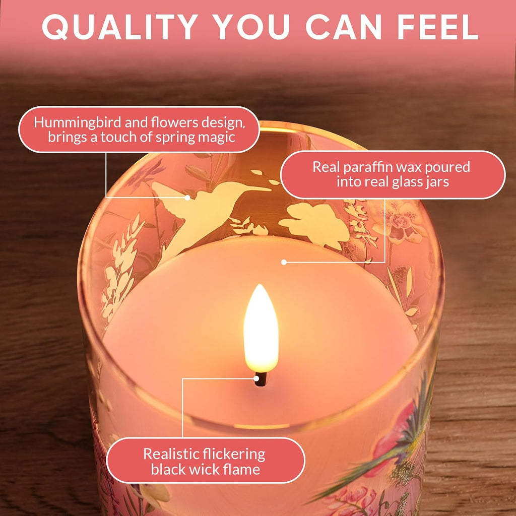 Pink Hummingbird Floral Glass LED Candles with Remote Set of 3