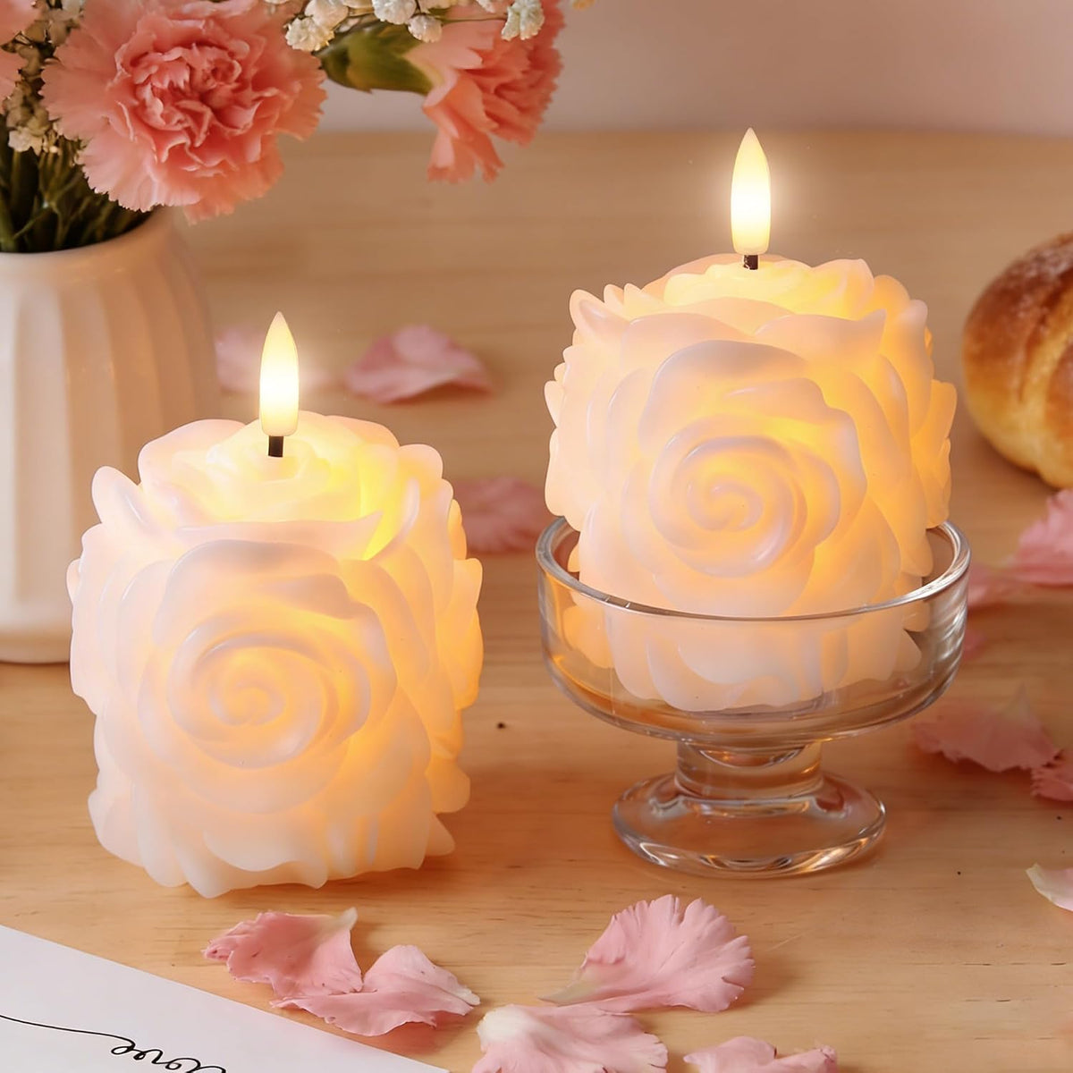 JOIONE Valentines Day White Rose Flameless LED Candles with Remote, 2 Pack