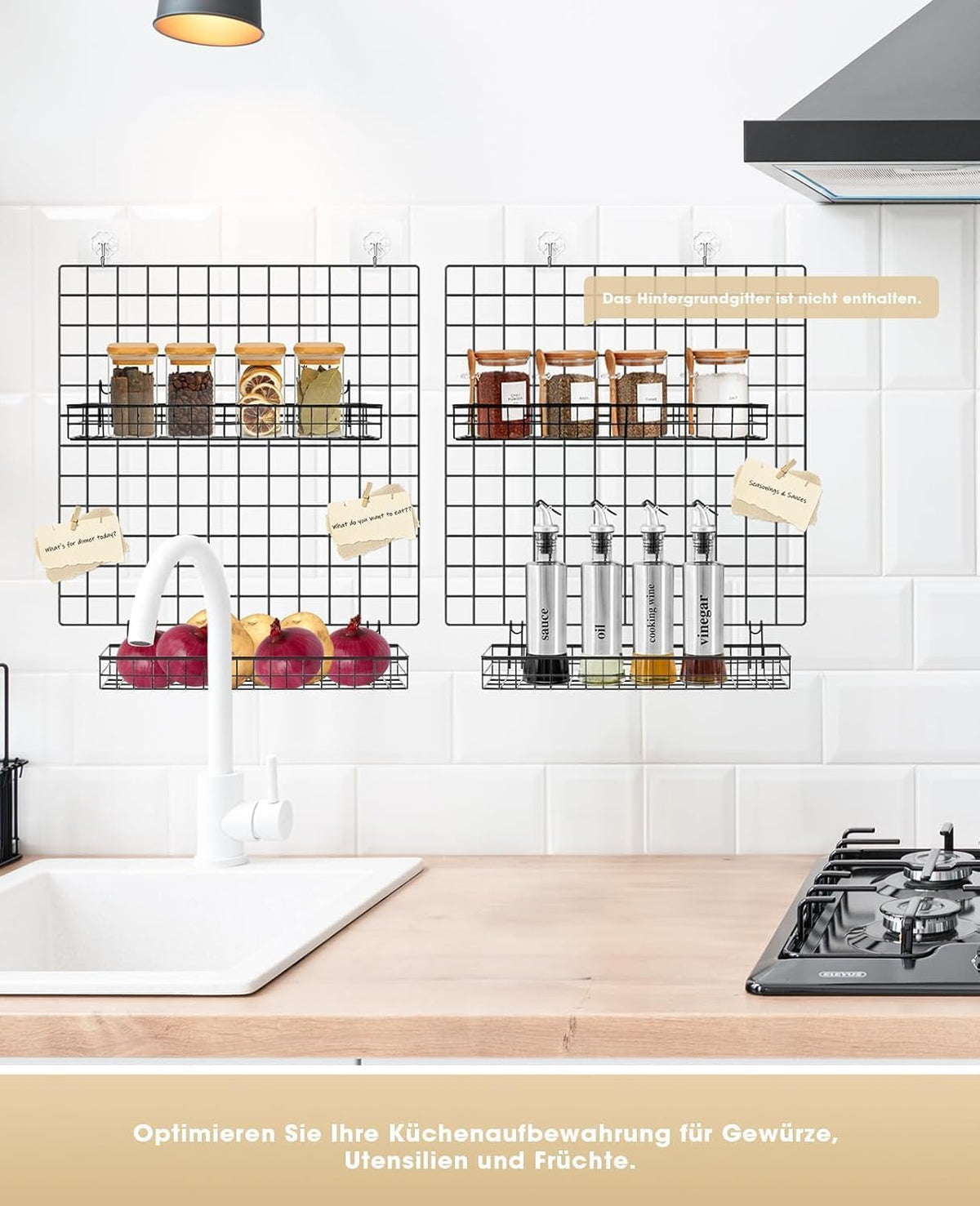 ANZOME Wire Wall Basket, Grid Basket with Hooks, Wall Mounted Organizer for Wall Grid, Kitchen Organizer, Wire Storage Shelf Rack for Home Supplies, Wall Decoration(Black)