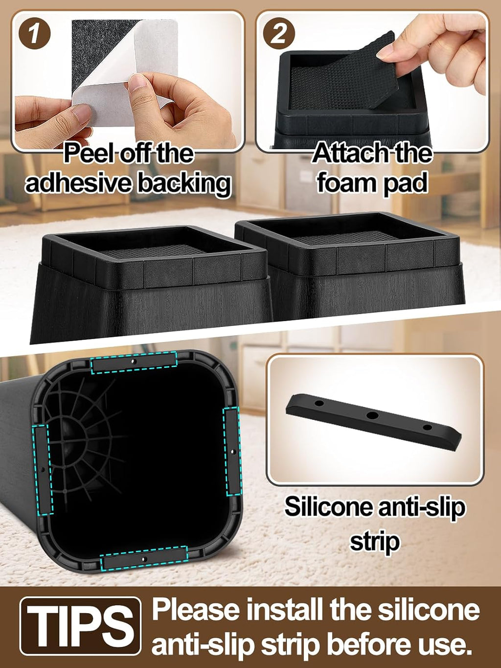 Bigmeta 8" Stable Bed Risers for Dorm Twin XL - Black, 4 Pcs