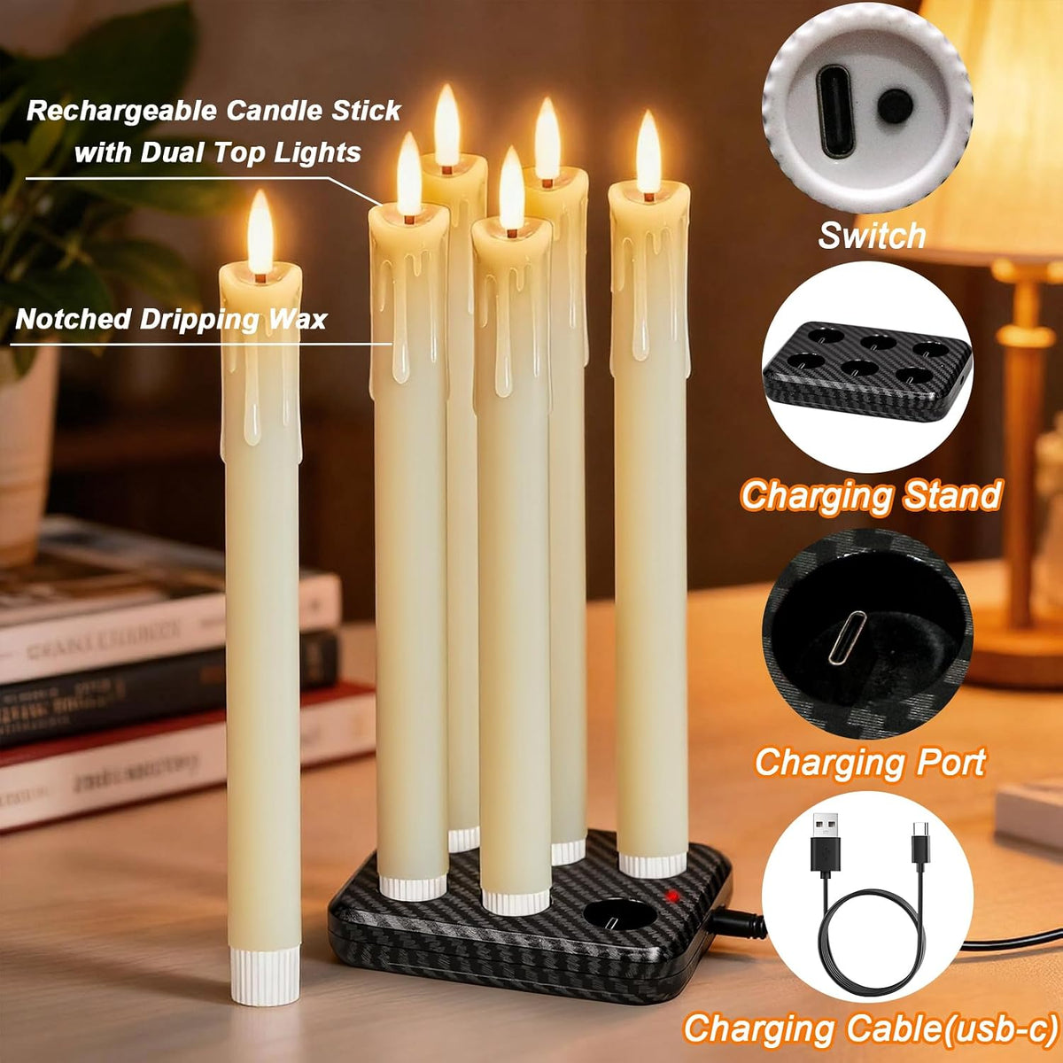 Rechargeable Flameless Taper Candles with Charging Base, Ivory