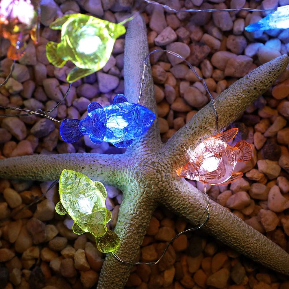 WSgift Tropical Fishes Decorative String Lights, 18.7 Ft 40 LED USB Plug-in Silver Copper Wire Beach Theme Fairy Lights for Indoor Outdoor Decoration Projects (Cool White, Remote Control with Timer)