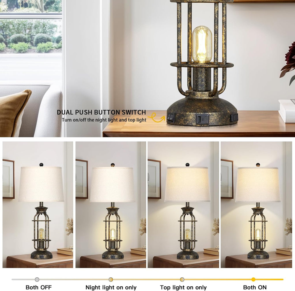 28" Tall Farmhouse Table Lamp with USB C+A Charging Ports & AC Outlet, Rustic Industrial Bedside Lamp for Living Room, Vintage Nightstand Lamp for Bedroom End Table Bronze Single, 2 Bulbs Included