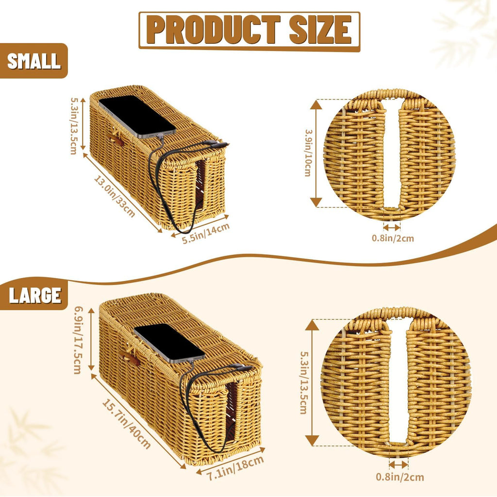 2 Pcs Handwoven Rattan Cable Management Box,Cord Organizer Box with Lid,Open-Slot Cord Hiding Basket,Decorative Storage Box for Hiding Computers, Tv, Power Sockets, USB Hubs