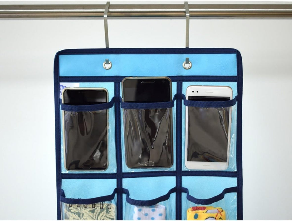 NIMES Hanging Closet Underwear Sock Jewelry Storage Over The Door Classroom Cell Phone Calculator Organizer Clear Pockets (BLUE-12 & 9 POCKETS PACK)