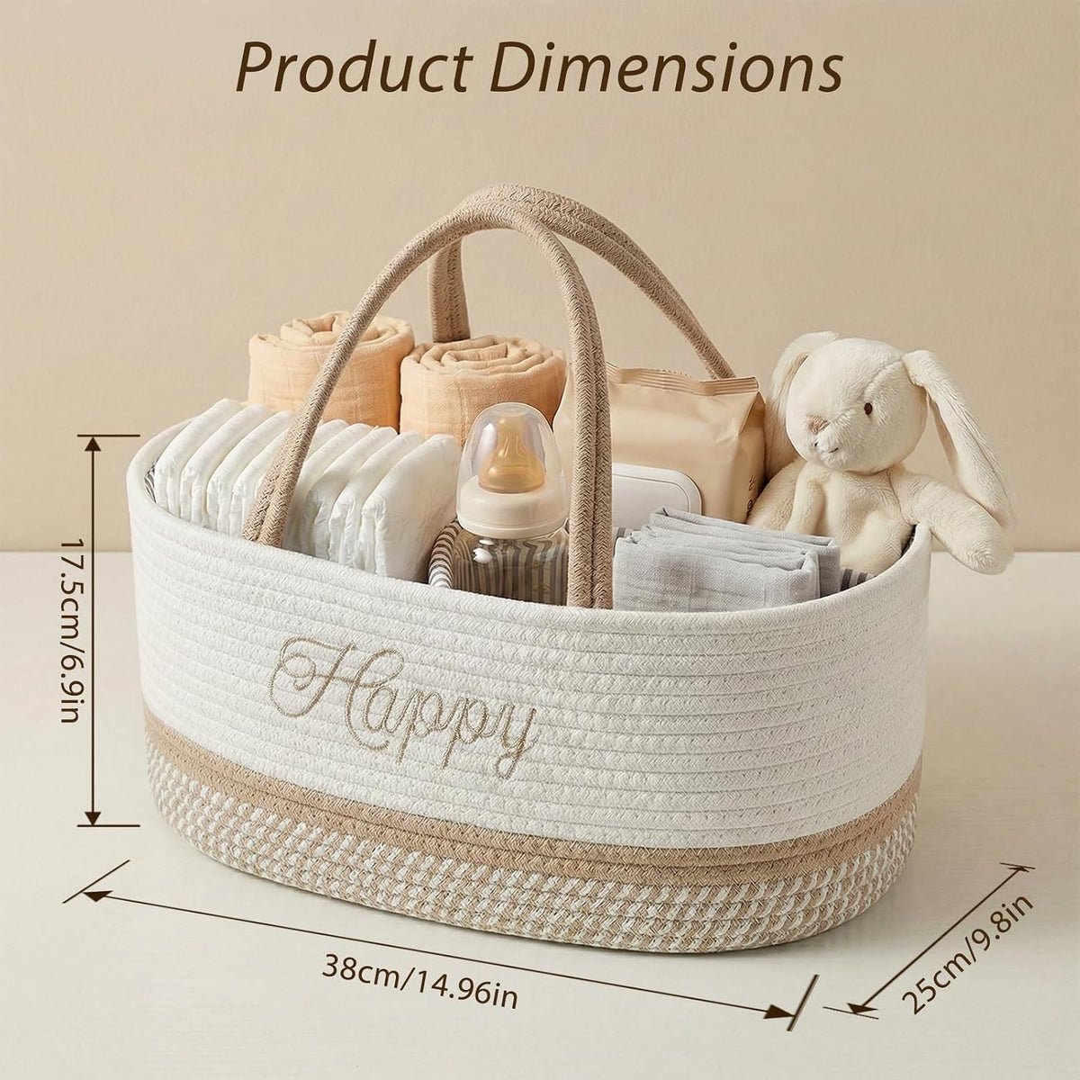 DUHEL Diaper Caddy Organizer with Handle(White Khaki-Happy)