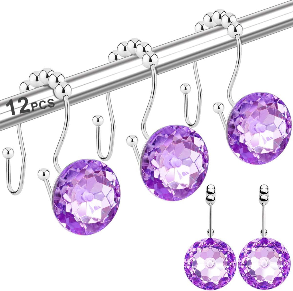 Shower Curtain Hooks Rings for Bathroom, 12PCS Double Hooks Glide Anti Rust Crystal Rhinestones Shower Curtain Rings Hangers for Shower Curtains, Clothing, Towels, etc. (Purple)