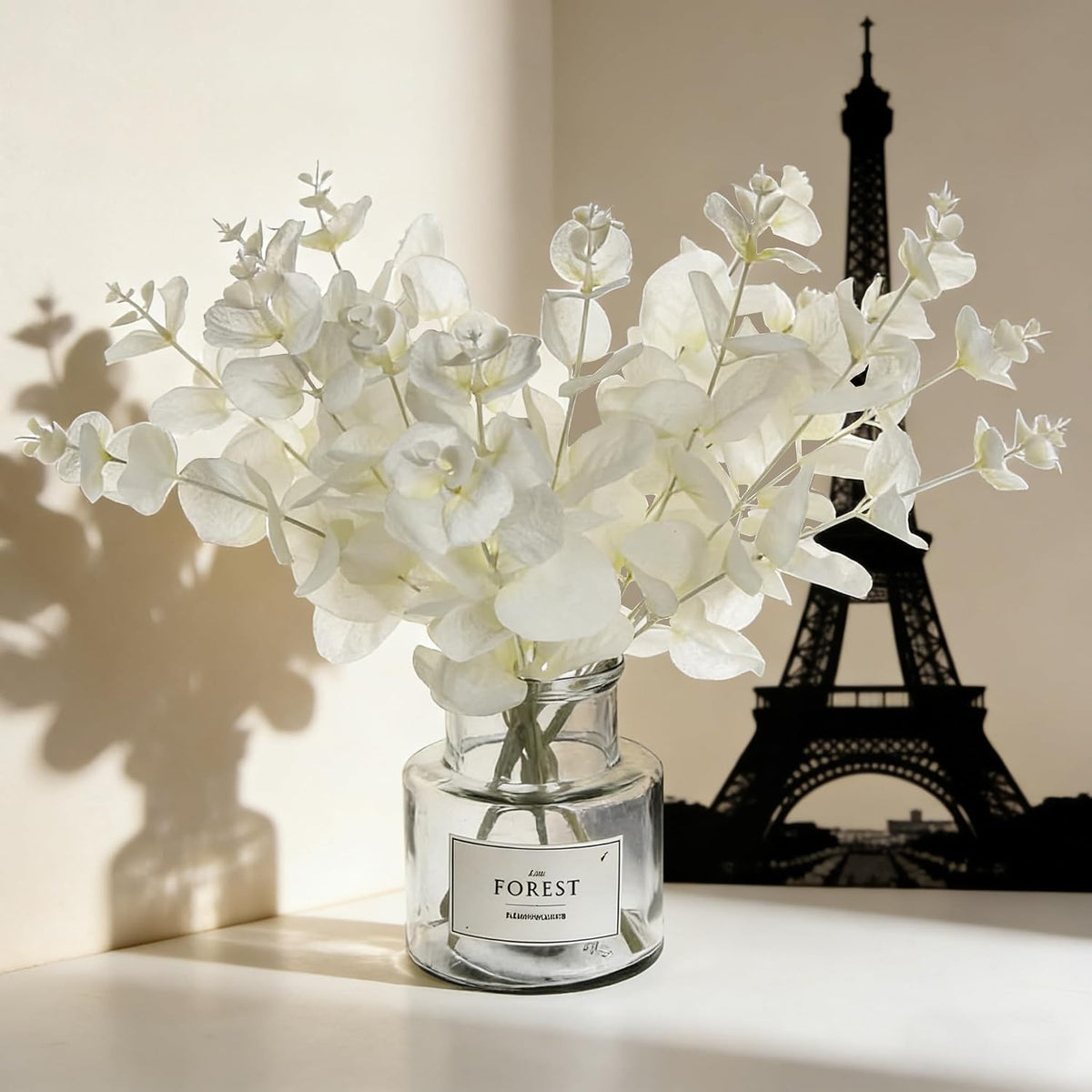 Tinsow 5 Pcs Artificial Eucalyptus Branches Real Touch Leaf Stem White Faux Eucalyptuses Wedding Bouquet Centerpiece Christmas Home Decor (White and Beige Mix, 5)