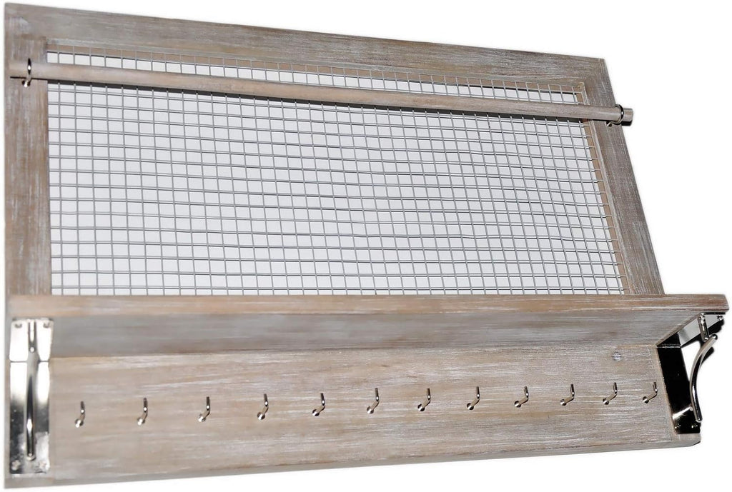Wall Jewelry Organizer - Grey Wood Hanging Storage Rack with Hooks