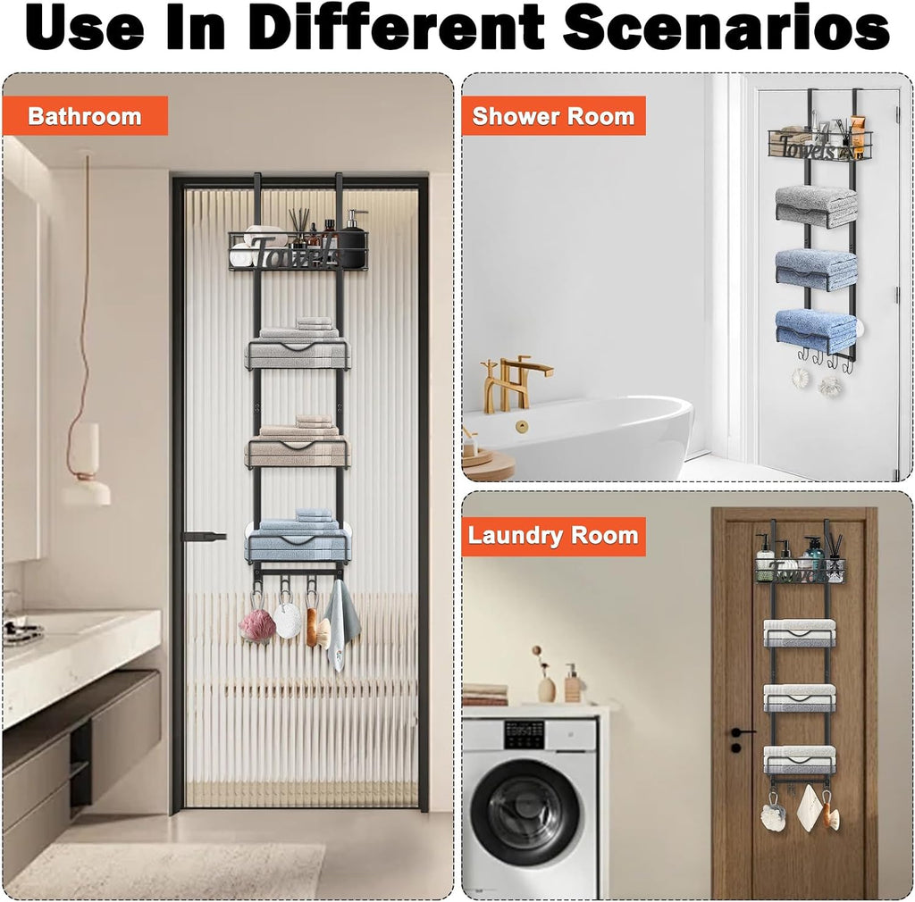 Over The Door Towel Racks, No Drill Towel Storage with Basket & Hooks, Space-Saving Multi-Functional Towel Holder for Bathrooms, bedrooms, Apartments, RVs (Matte Black, 5 Tier)
