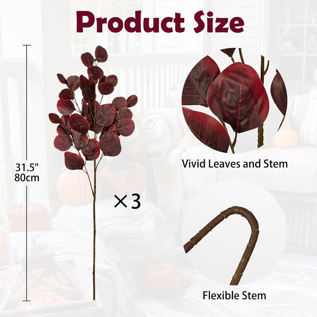 Hollyone 3Pcs Fall Eucalyptus Stems Artificial Eucalyptus Leaves Branches Fake Fall Flower Arrangements Red Leaf Long Stems Plants Autumn Faux Shrubs Bushes Thanksgiving Festival Decorations Burgundy