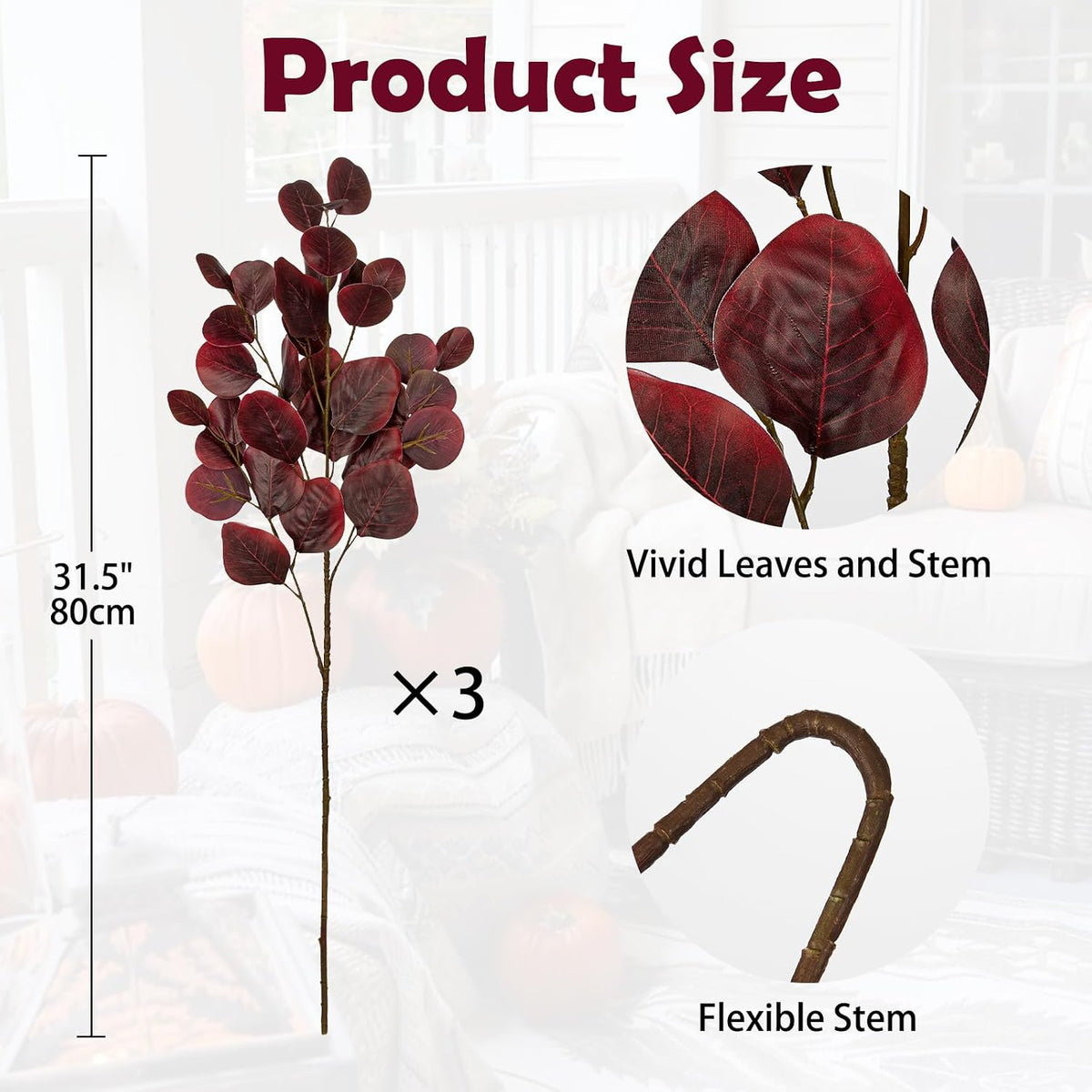 Hollyone 3Pcs Fall Eucalyptus Stems Artificial Eucalyptus Leaves Branches Fake Fall Flower Arrangements Red Leaf Long Stems Plants Autumn Faux Shrubs Bushes Thanksgiving Festival Decorations Burgundy