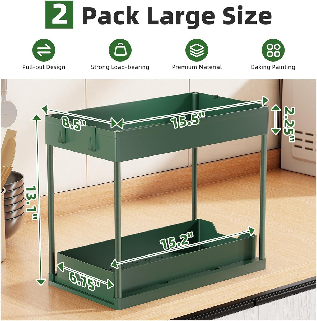 Simple Trending Under Sink Organizer 2 Pack, with Sliding Drawer, Green