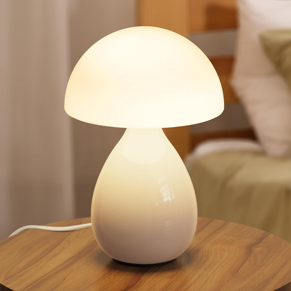 Mushroom Lamp Small Vintage Table Light, Mini Modern Lamp Bedside Nightstand LED, Small Light Dimmable for Bedroom, Living Room, Ceramic Base Glass Led Home Decor for Woman Gifts
