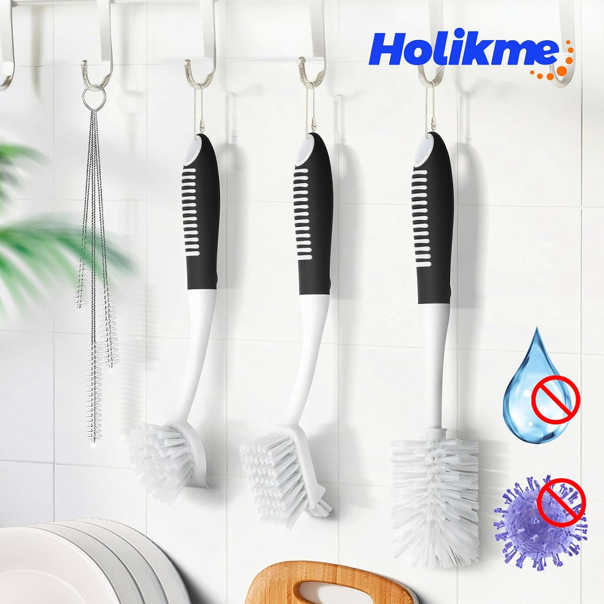 Holikme 6 Pack Dish Brush Set with Bottle Brush, Dish Scrub Brush,Black