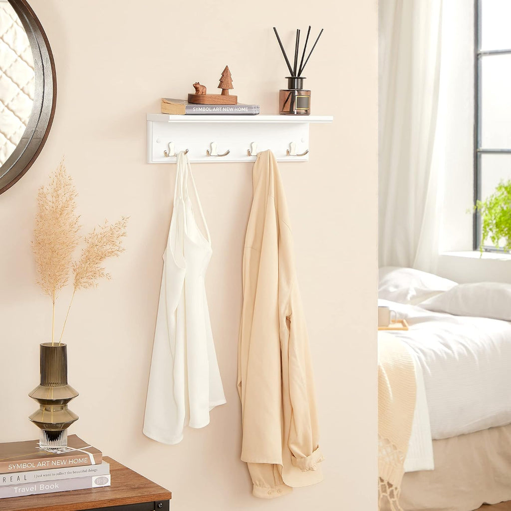 SONGMICS Wall-Mounted Coat Rack with Shelf, 4 Dual Metal Hooks