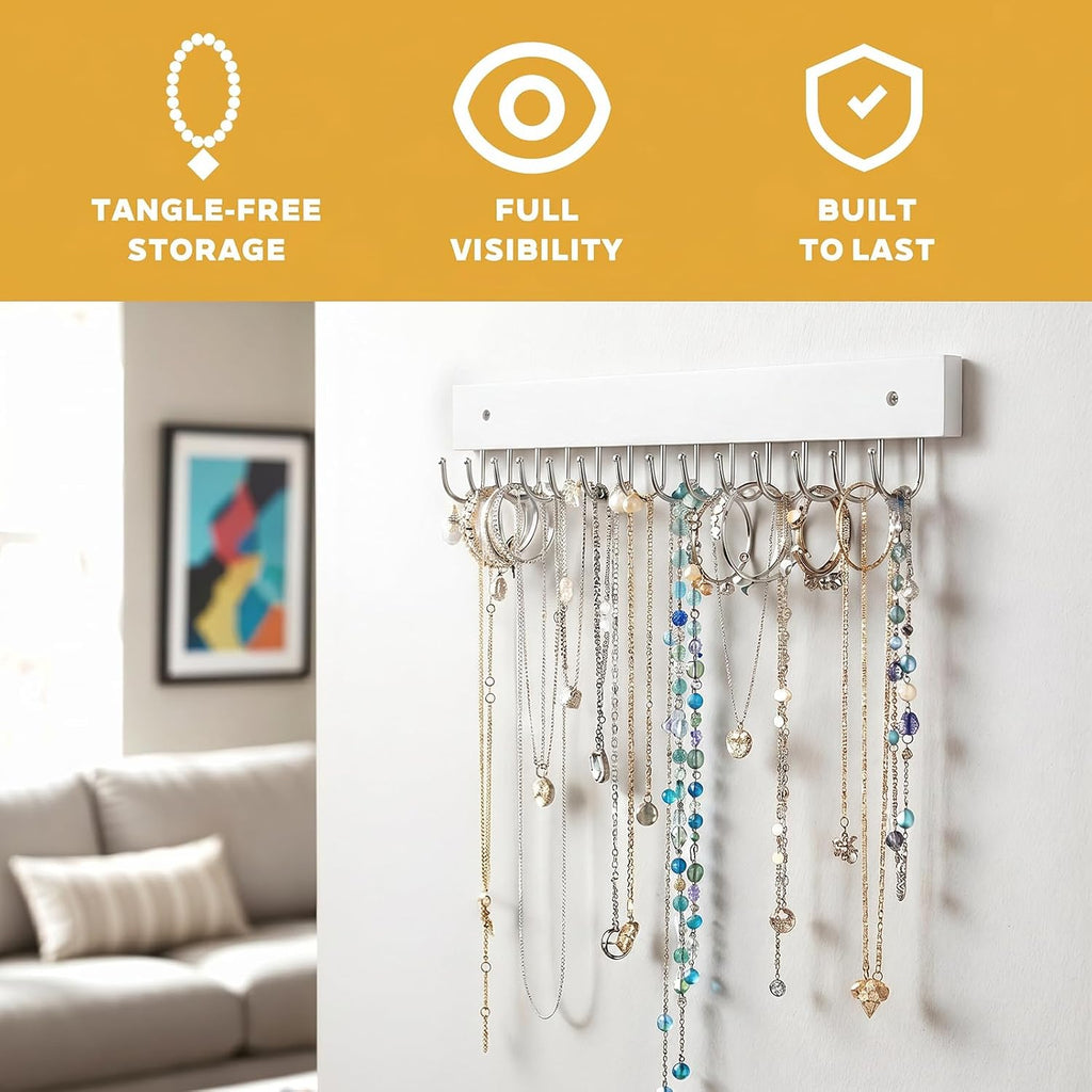 4 Pack Necklace Holder Wall Mount, Tangle-Free Wall Necklace Organizer with 14 Hooks, Wooden Jewelry Hanger, for Chains, Bracelets, Earrings, White
