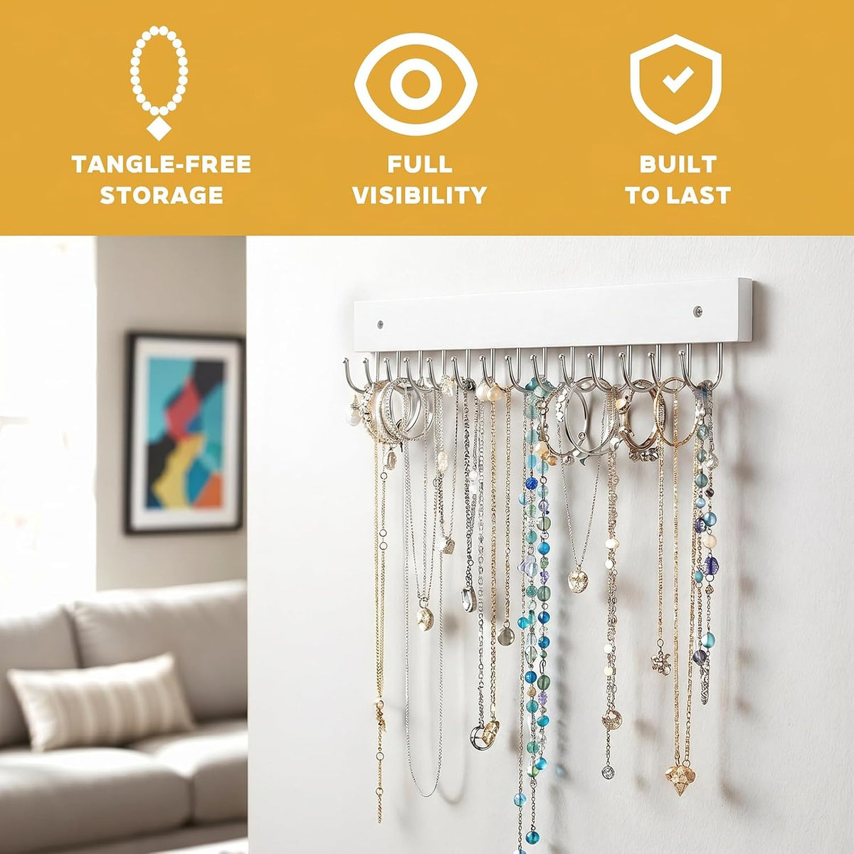 4 Pack Necklace Holder Wall Mount, Tangle-Free Wall Necklace Organizer with 14 Hooks, Wooden Jewelry Hanger, for Chains, Bracelets, Earrings, White