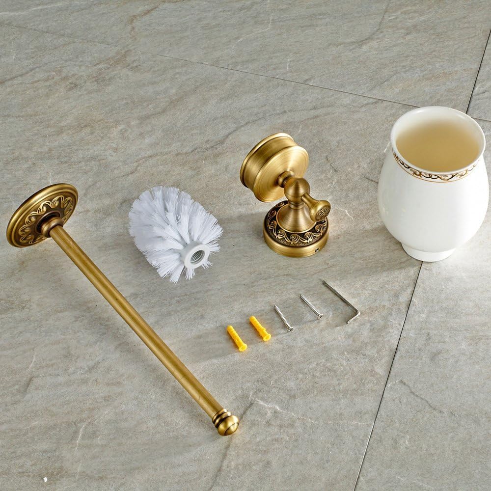 Leyden Antique Brass Toilet Brush Holder, Retro Toilet Brush Organizer with Ceramic Cup