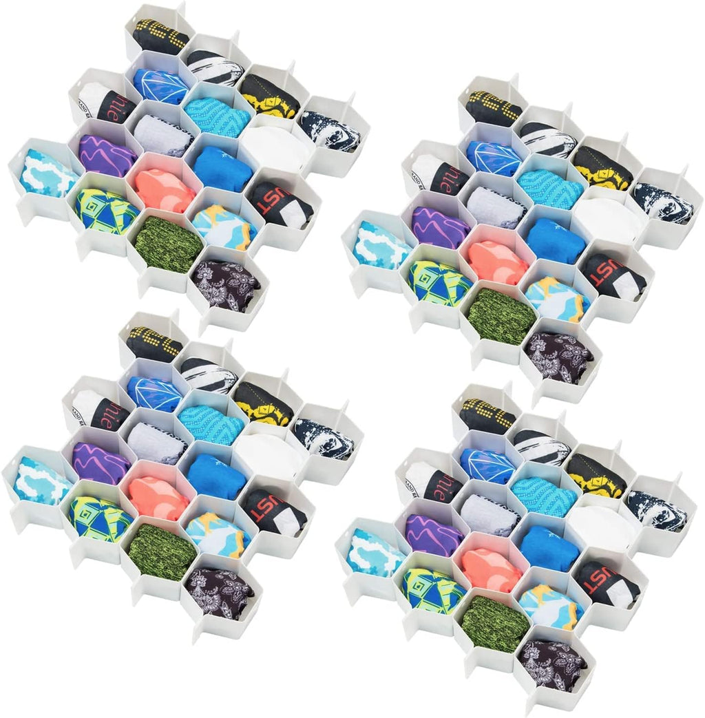 32Pcs Honeycomb Drawer Organizers Adjustable Partition Storage for Underwear Socks Bras Ties Belts Scarves White Total of 72 Slots